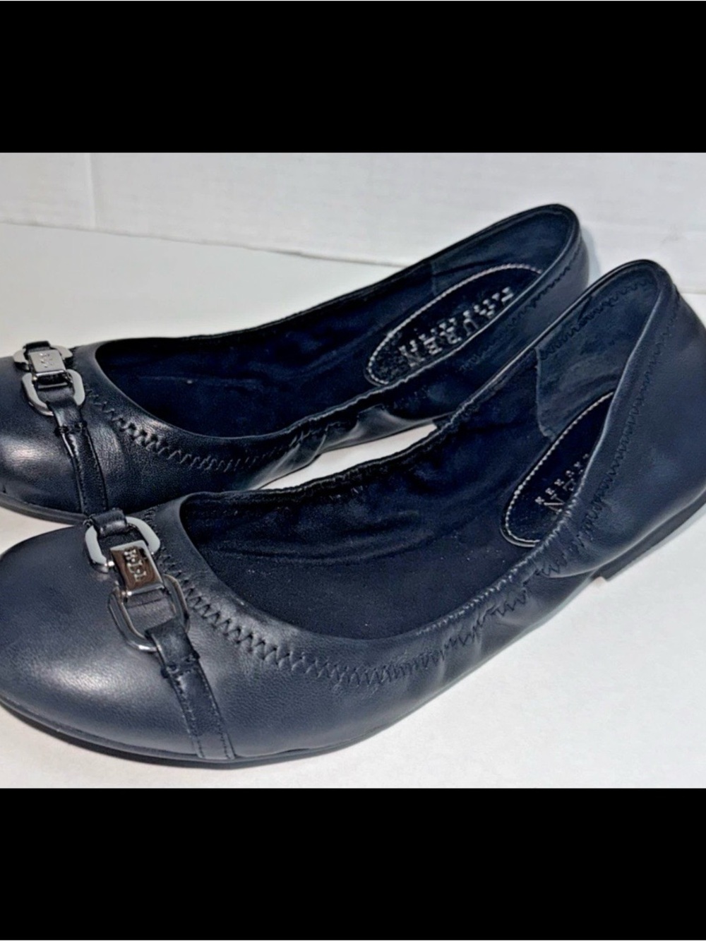 Lauren Ralph Lauren Black Leather Ballet Flats with Buckle Accent